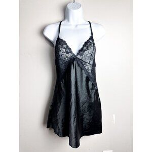 Satin Lace V Neck Sheer Lingerie Slip Dress Black Womens Medium